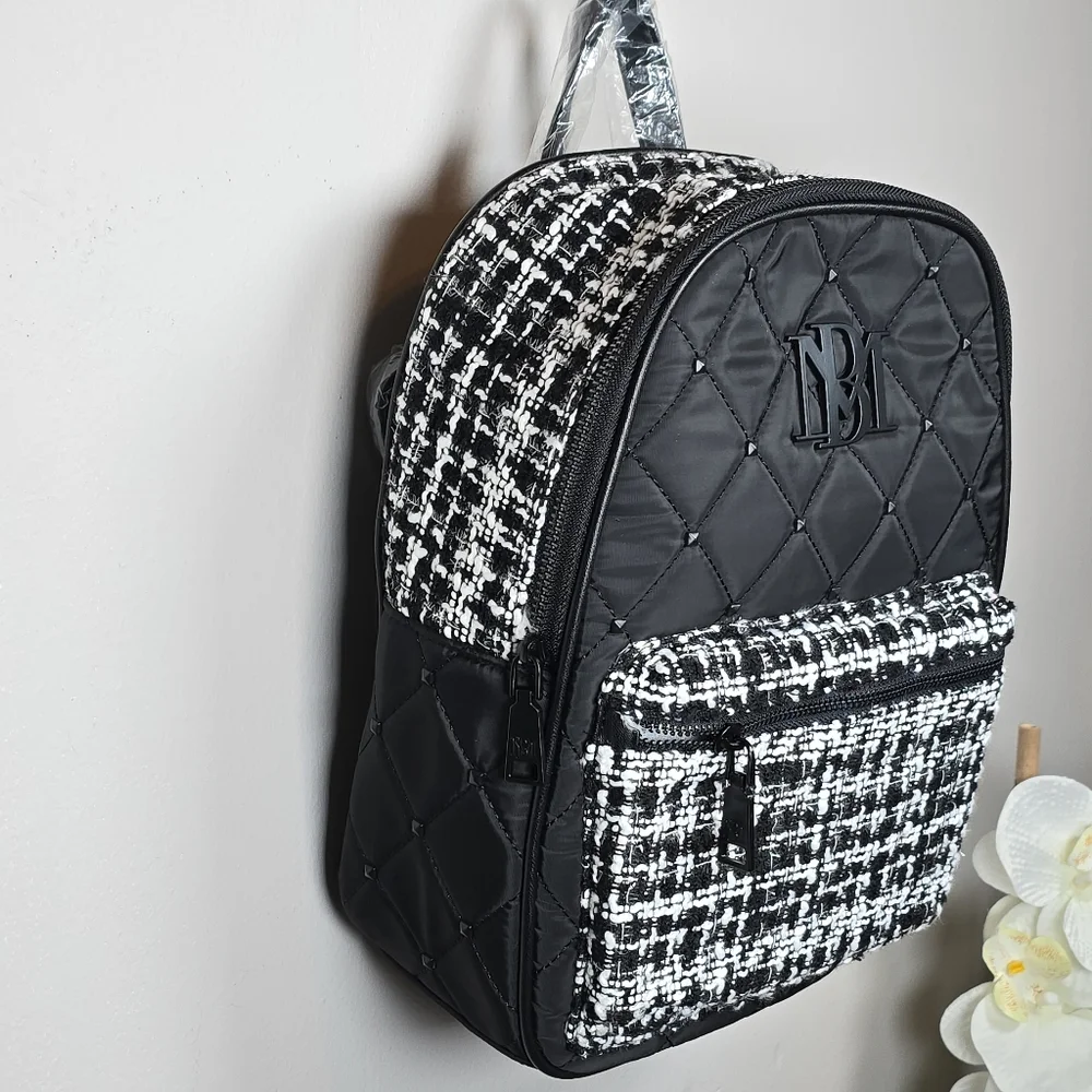 Badgley Mischka Diamond Quilted Nylon Studded Zip Backpack Vegan Leather Tweed